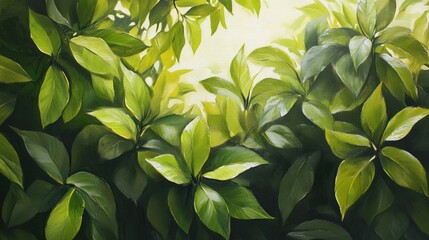 Obraz premium Oil painting depicting lush green leaves in a garden during summer ideal for spring themed backgrounds capturing nature and environmental beauty in an ecological setting