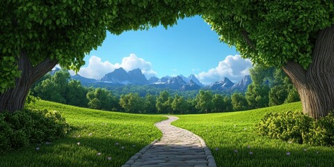 Obraz premium Winding farm path shaded by trees leads through fields towards distant rolling mountains, Scenic rural pathway through tree-lined fields leading to mountains