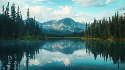 Obraz premium A serene lake surrounded by dense pine forests, with the reflection of the mountains on the water