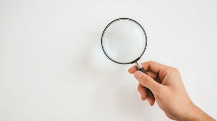 A hand holding a magnifying glass against a white background.