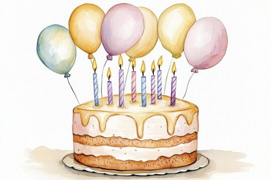 recommend clip art: Delightful watercolor birthday cake illustration featuring colorful balloons.
