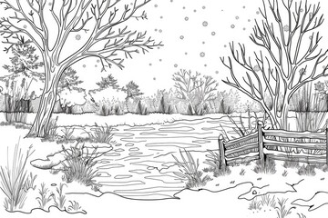 Coloring book illustration of a serene winter scene