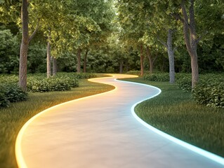 Obraz premium A tranquil pathway winds through a lush forest, illuminated by soft light, inviting a peaceful journey through nature.