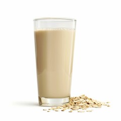 Tall glass of oat milk standing on a white background with oat flakes