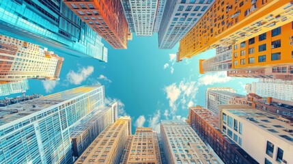 A striking view of towering buildings reaching towards a bright blue sky, showcasing modern architecture and urban atmosphere.