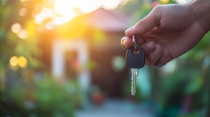 A hand holding a key with a house in the blurry background.