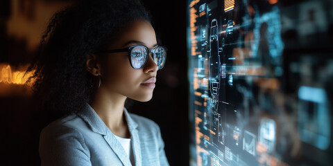 A female scientist in front of a huge screen
