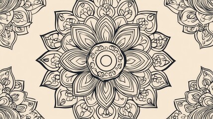 Line art mandala pattern created in black and white featuring an abstract floral design suitable for wallpaper or decorative purposes
