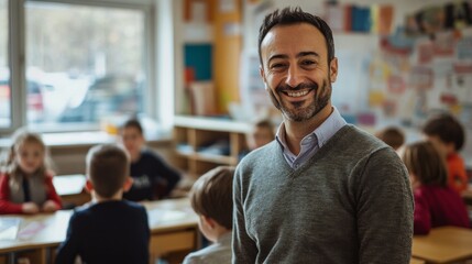 Portrait of smiling male teacher in a class at school.
