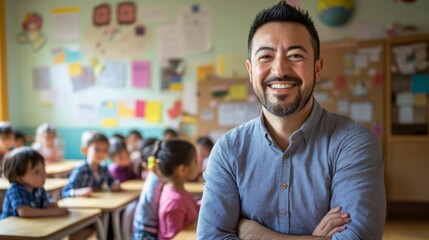 Obraz premium Portrait of smiling male teacher in a class at school. 