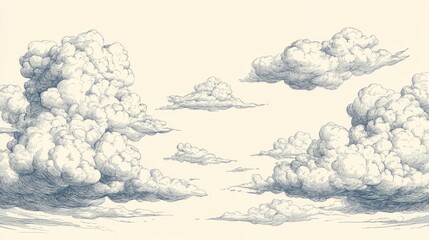 Charming hand drawn dashed clouds in the sky A linear backdrop featuring pen and ink illustrations resembling renaissance etchings showcasing line art with light and shadow details