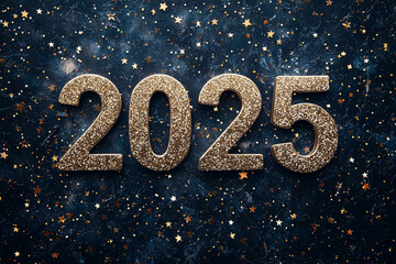 2025 golden number, Happy New Year, welcome 2025, the number "2025" with sparkles behind, people celebrating the new year