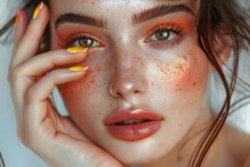 Wanddecoratie Nagelstudio Close up beauty portrait of beautiful model with bright make up and manicure.  © Isuru