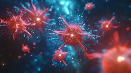 Fototapeta premium 3D cartoon rendering featuring red and blue fireworks set against a blurred Milky Way background