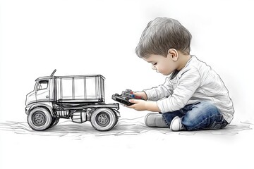 Naklejka premium A boy enjoys playing with a remote-controlled cargo truck toy.