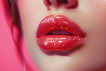Obraz premium Close up beauty shot of female full lips with healthy skin and rose color lips