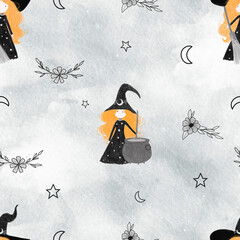 Seamless Pattern with Cute Witches in Flowers on gray Background