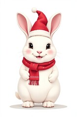 Fototapeta premium Cute white bunny wearing a Christmas hat and scarf. Generative AI