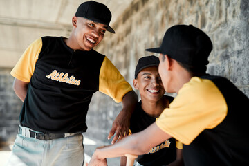 Man, field and happy as baseball player with conversation for team building, support and trust....