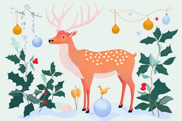 Illustration of a Soft Toy Elk Surrounded by Festive Decorations
