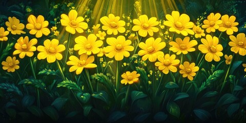 Fototapeta premium Vibrant yellow trumpet flowers blooming in a lush garden setting, Bright yellow trumpet flowers blooming in a beautiful garden.