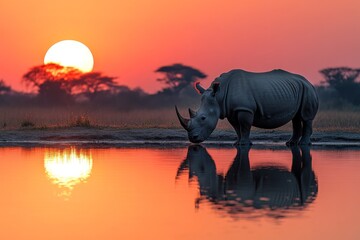 Fototapeta premium A rhinoceros standing by the edge of water at dusk.