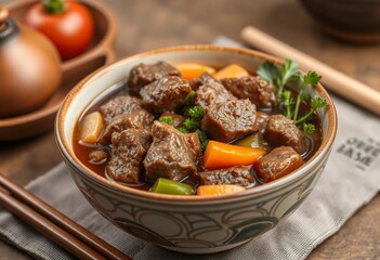 Delicious Beef Stew in Bowl with Carrots Parsley and Green Peppers