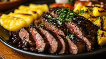 A delectable plate of Brazilian picanha steak served with farofa, black beans, and vinaigrette