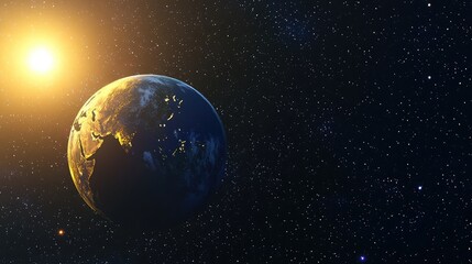 Obraz premium Dawn sunset of Planet Earth in 3D cartoon rendering showcasing a silhouette of the planet illuminated by sun rays against a backdrop of stars and galaxies in space