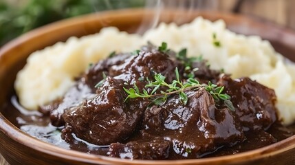 Steaming Pot Roast with Mashed Potatoes on Plate