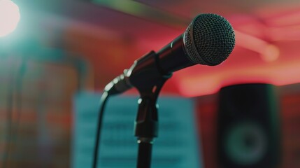 Close-up of microphone on stand in soundproof recording studio, positioned in front of script stand, symbolizing voice acting and audio production.