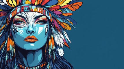 Mystical shaman girl on a blue background 2d illustration of a surreal tribal woman for a coloring book in a cartoon doodle style