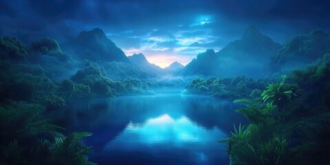 Serene lake surrounded by majestic mountains and lush greenery, Tranquil lake with beautiful mountains and vibrant foliage