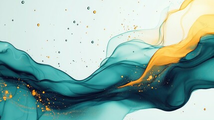 Panoramic Abstract Ink Glass Painting With Teal Turquoise And Yellow Liquid Drops Over Ocean Sea Blue And Brown 4K Marble Texture Fluid Art High Quality Image