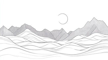 Continuous line drawing of a mountain landscape Simplistic line art depicting mountains on a white background