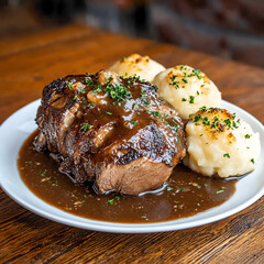 A front view of Sauerbraten, marinated pot roast served with potato dumplings and gravy.