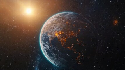 Fototapeta premium Panoramic view of the Earth stars and galaxy in 3D cartoon rendering Planet Earth as seen from space Space fantasy