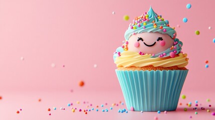 A single cupcake with blue frosting and colorful sprinkles on a pink background.
