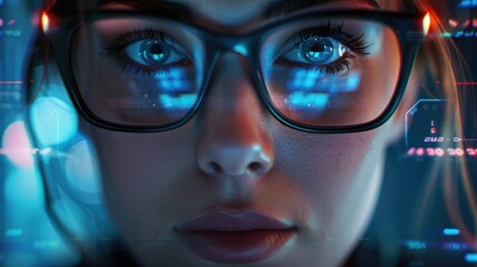 Futuristic Female Hacker Analyzing Cyber Data for Security Innovation and Tech Design. Generative ai