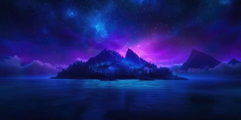 Scenic view of a starry night sky over an island with vibrant celestial highlights, Starry night sky over an island with celestial highlights