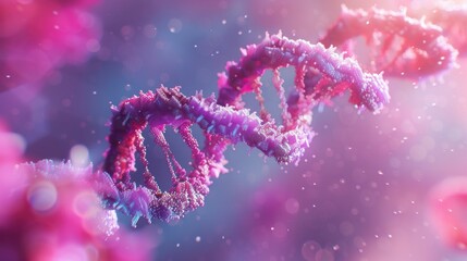 Surreal representation of a dna helix in a vibrant pink and purple color palette. surrounded by a dreamy bokeh effect. Generative ai