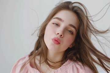 Naklejka premium Portrait of young girl with long brown hair blowing kiss.