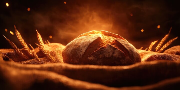Freshly baked homemade sourdough bread, close-up view showcasing loaves on rustic fabric, highlighting traditional artisanal techniques, Artisanal sourdough bread on rustic fabric close-up
