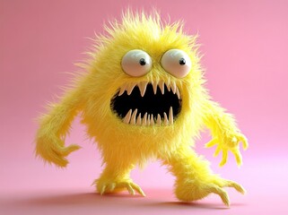 Obraz premium Animated yellow monster character dancing on a vibrant pink background.