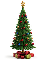 Fototapeta premium 3D Christmas Tree with decorated colored balls and a star on top on png transparent background.