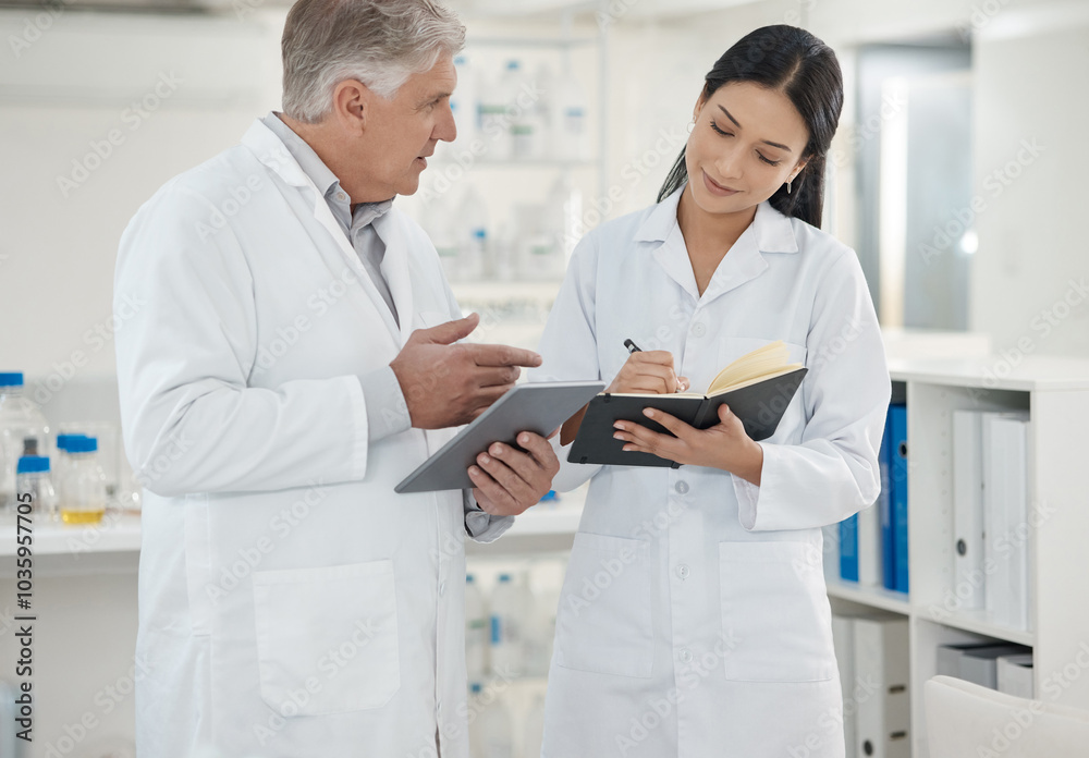 Poster scientist, woman and writing in notebook in lab of disease experiment, medical study and dna process