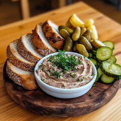 A front view of Griebenschmalz, rendered pork fat spread served with rustic bread and pickles.