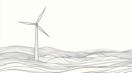 Line art illustration featuring a continuous drawing of clean renewable energy symbolized by a windmill depicted in a minimal hand drawn style
