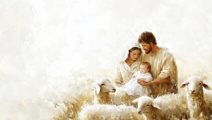Jesus, Joseph, Mary and sheeps in the barn.