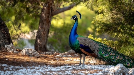 Fototapeta premium Portrait of a peacock, scientifically known as Pavo cristatus, in its natural habitat in the Plaka forest park on Kos Island, Greece. 